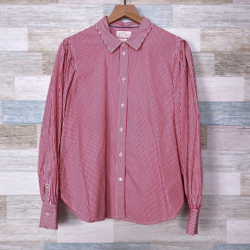 J Crew Slim Fit Puff Sleeve Striped Shirt Red White Cotton Stretch Womens 14